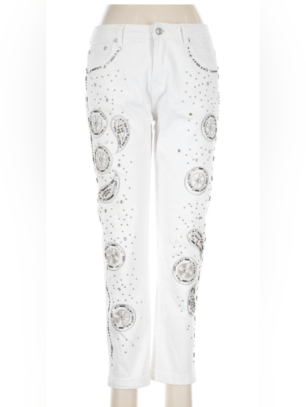 V Christina Silver Embellished Rhinestones White Skinny Jeans, Sz: 6 (29+W x32L)